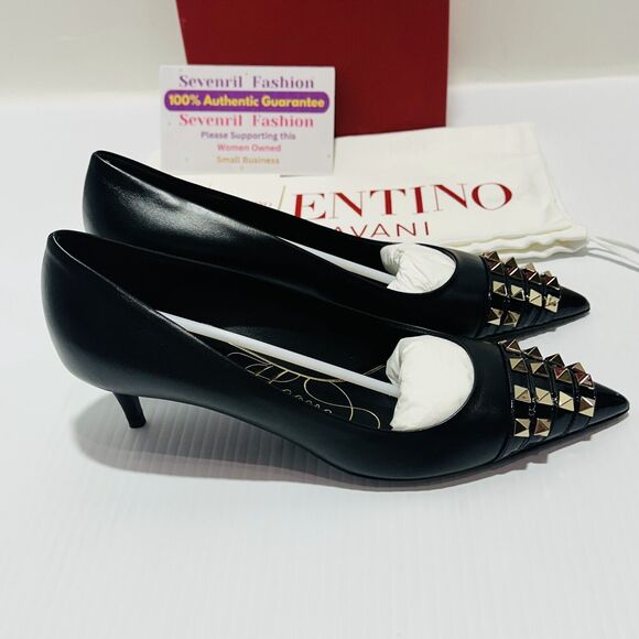 Valentino Shoes - Valentino Garavani Rockstud Alcove Pumps Black Kitten Heel Size 37/ 7 NIB $1050